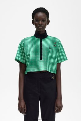 Fred Perry Batai - Fred Perry apkarpyti gingham pique marškinėliai žalias moterų PXR4PH641 drabužių