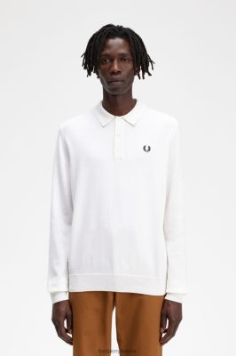 Fred Perry Batai - Fred Perry klasikiniai megzti marškiniai ilgomis rankovėmis sniego baltumo vyrų PXR4PH458 drabužių